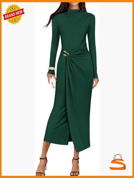 Dresses & Skirts - Long Sleeve Mock Neck Bodycon Midi Dress Cocktail Party Wedding Guest Dress